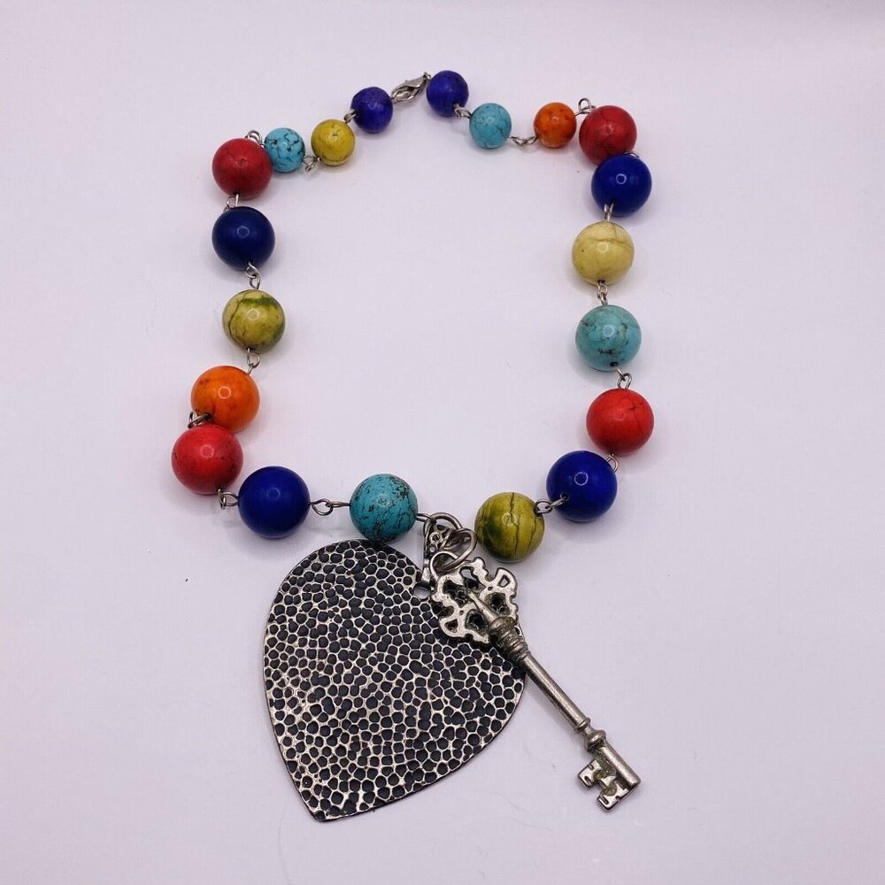 Unbranded Heart Skelton Key Multi Color Bead Necklace 18” Heavy